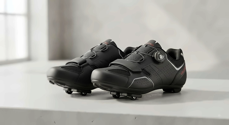 A pair of affordable clipless road cycling shoes displayed on a neutral background for UK cyclists, budget clipless road shoes