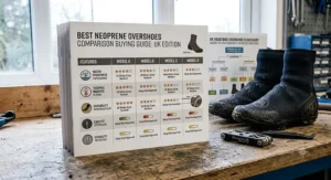Infographic comparison chart highlighting top features of the best neoprene overshoes for British weather.