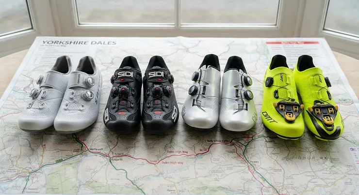 A selection of the best SPD-SL shoes laid out on a road cycling route map, featuring top road bike cleats.