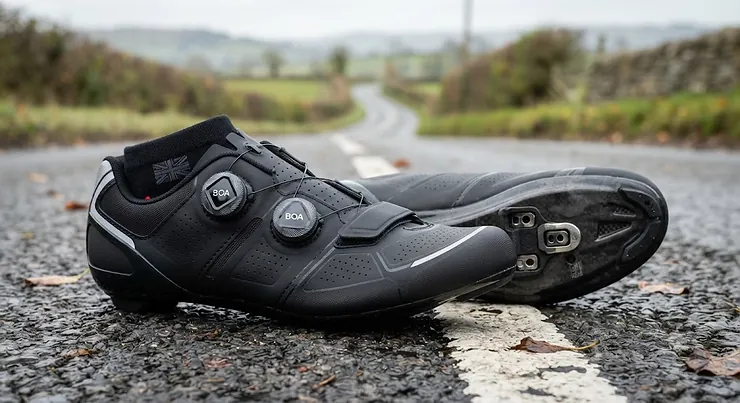 Close-up of a pair of men's BOA dial road cycling shoes designed for optimal power transfer on British sportives.