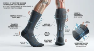 Diagram of moisture wicking compression cycling socks with breathable airflow mesh panels for warm weather rides