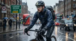 Illustration of a UK bike commuter wearing thermal waterproof cycling gloves during a heavy downpour