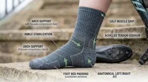 Illustration highlighting the targeted compression zones and anatomical fit of merino cycling socks