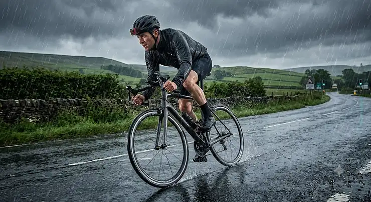 Illustration of a road cyclist riding through heavy British rain wearing black waterproof cycling socks.