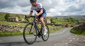 A road cyclist wearing the best SPD-SL shoes while riding through the British countryside.