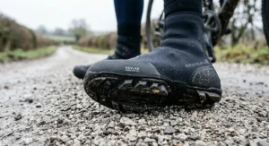 Reinforced sole grip and Kevlar toe cap on durable neoprene overshoes built for walking on coarse British tarmac.