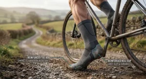 Illustration of durable compression cycling socks with reinforced toe and heel protection for gravel riding