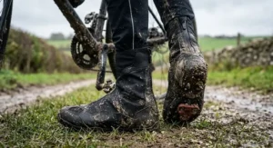 Durable waterproof cycling overshoes covered in mud after an off-road gravel bike ride in the UK countryside