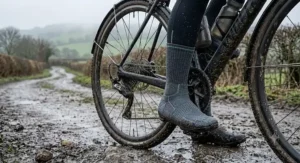 Illustration of high cuff merino cycling socks ideal for gravel biking on muddy British trails