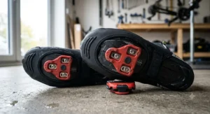 Underneath view of waterproof cycling overshoes showing reinforced sole cut-outs for road bike cleats