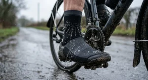 Illustration depicting rain droplets repelling off the durable outer layer of waterproof cycling socks.