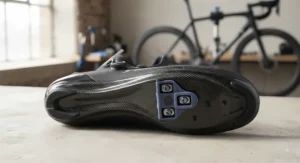 Close-up view of lightweight road bike shoes featuring a stiff carbon sole for efficient power transfer.