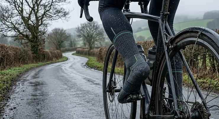 Illustration of thermal men's merino cycling socks designed for winter road cycling in wet British weather
