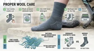 Infographic illustration detailing proper wool care and washing instructions for merino cycling socks