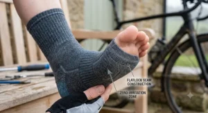 Close-up illustration of flatlock seamless toe construction on merino cycling socks to prevent blisters