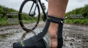 Close-up diagram of the elastic cuff seal preventing water trickling down into waterproof cycling socks.