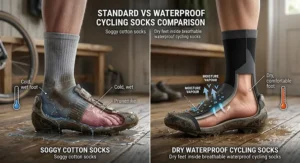 Comparison diagram showing soggy cotton socks versus dry feet inside breathable waterproof cycling socks.