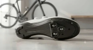 Close up of stiff carbon fibre soles on SPD-SL racing shoes