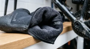 Fleece-lined interior of heavy-duty neoprene overshoes designed for freezing cold British road cycling conditions.