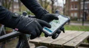 Cyclist operating a smartphone using touchscreen-compatible fingertips on waterproof cycling gloves