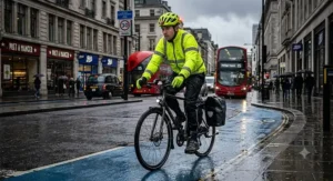 Illustration of a bicycle commuter on wet city streets wearing high-vis gear and waterproof cycling socks.