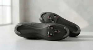 Underside view of value-priced road cycling shoes showing stiff soles compatible with three-bolt cleats