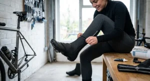 Demonstration of pulling stretch waterproof cycling overshoes smoothly over cycling shoes for a snug fit