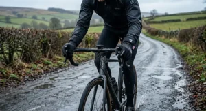 Road cyclist riding on a wet UK lane wearing thermal windproof and waterproof cycling gloves