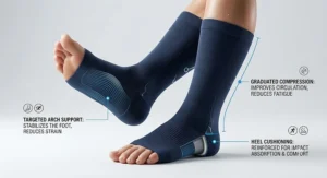 Illustration highlighting targeted arch support and heel cushioning in women's compression cycling socks