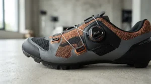 Sleek aerodynamic carbon sole road cycling shoes featuring a dual dial retention system tightly fastened.