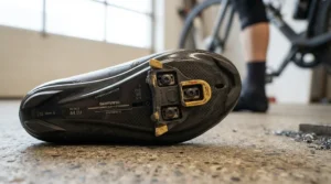 Underside view of affordable BOA road shoes showing the cleat mounting points and rigid composite sole