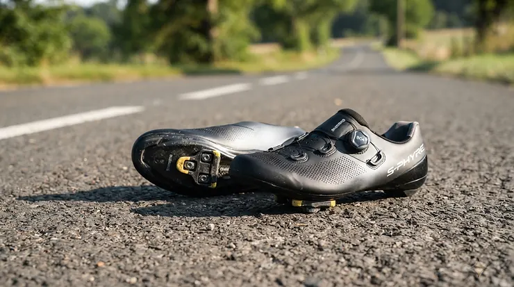 A pair of affordable budget road cycling shoes resting on a tarmac path ready for a British weekend club ride