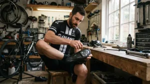 Road cyclist adjusting black zero-float models, proving why they are the best Look Keo cleats for time trials
