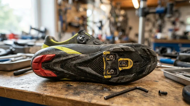 Cyclist inspecting the grey float options when choosing the best Look Keo cleats for sportive riding in the Cotswolds