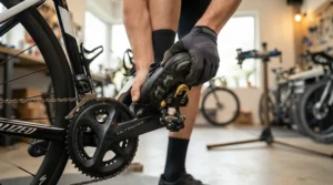 Mechanic testing pedal system compatibility to ensure the best Look Keo cleats engage smoothly with road pedals