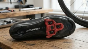 Close-up of red high-float setup on cycling shoes, highlighting why these are considered the best Look Keo cleats for joint comfort