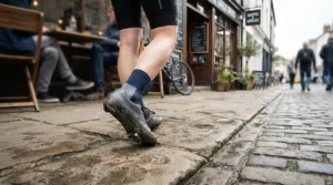 Rider walking into a café with non-slip pads, showing the practicality of the best Look Keo cleats for café stops