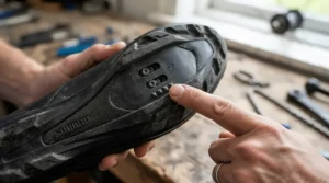 Cyclist checking built-in wear indicators to know when to replace their best Look Keo cleats after winter training