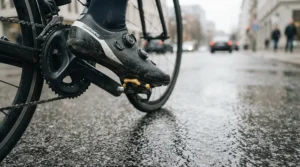 Commuter clipping into pedals with the best SPD cleats on a wet city street during morning rush hour
