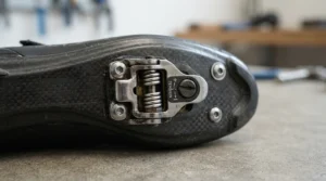 Close-up showing the multi-release mechanism of the best SPD cleats for easy unclip action