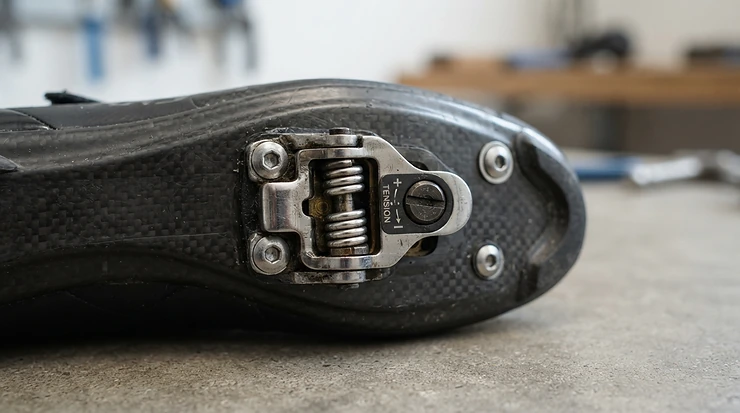 Close-up showing the multi-release mechanism of the best SPD cleats for easy unclip action