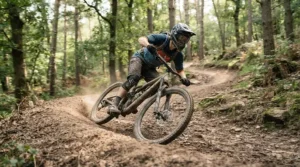 Cyclist cornering sharply on a mountain bike trail using the best SPD cleats for secure foot retention
