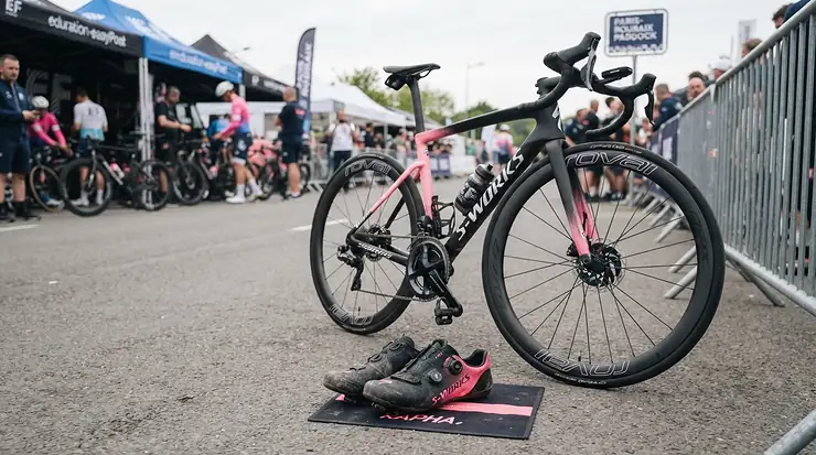 Race-day preparation showing lightweight carbon shoes fitted with the best SPD-SL cleats.