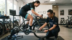 A professional bike fitter optimising lateral stance width using the best SPD-SL cleats in a studio.