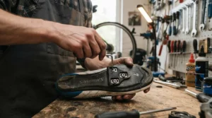 A cyclist adjusting blue fixed-mode options when setting up the best SPD-SL cleats for performance riding.