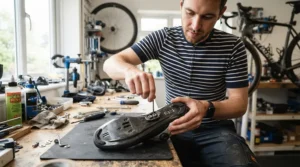 Demonstrating how the best SPD-SL cleats attach securely to a standard three-bolt road cycling shoe sole.