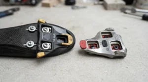 A detailed graphic helping cyclists choose the best SPD-SL cleats by comparing yellow versus red float angles for road cycling.