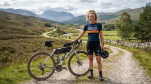 A female cyclist wearing stylish yet best value cycling footwear while standing beside her bicycle in the countryside