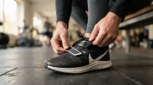 Close-up of a cyclist fastening cheap road bike shoes with Velcro straps before a sportive training session