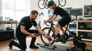 A professional bike fitter demonstrating cleats for knee pain cycling adjustment in a workshop.